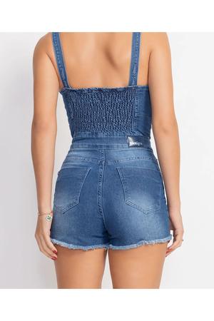 Imagem de Macacão Jeans Curto Básico Feminino Moda Tendência