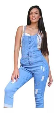 Macacao Jeans Feminino Jardineira Jogger Longo com ziper curto