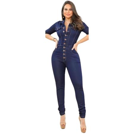 Imagem de Macacão Jeans Feminino Longo Calça Com Lycra Elastano Jardineira Premium Macaquinho