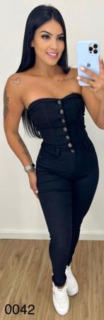 Macacão jeans longo preto hot sale