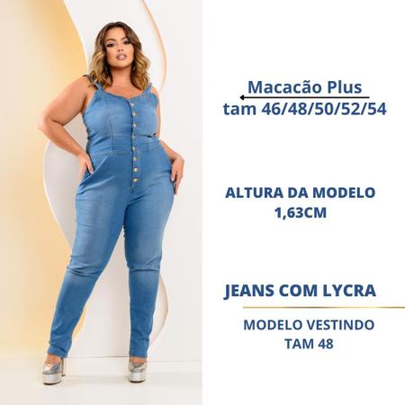 Imagem de Macacão Longo Jeans Feminino com lycra Alça Larga Plus Size Lavagem Clara