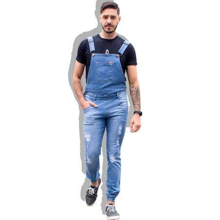 Imagem de Macacão Masculino Jeans Jardineira Destroyed Calça Jogger