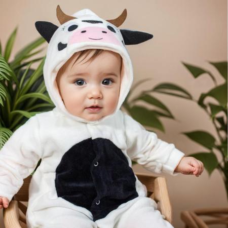 Imagem de Macacão para Bebê Em Plush Com Capuz Bordado Vaquinha Creme