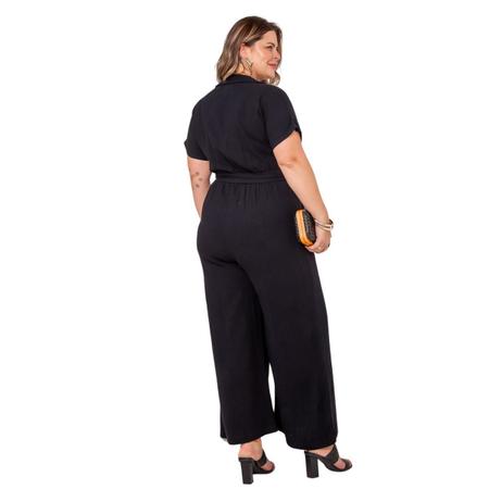 Imagem de Macacão Plus Size longo feminino com cinto pantalona elegante em linho confortável
