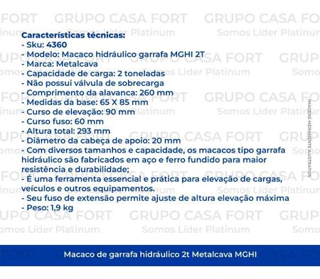 Imagem de Macaco Hidráulico de Garrafa Metalcava Mghi Capacidade de Carga 2T
