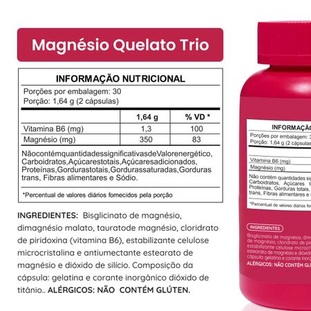 Imagem de Magnésio Dimalato Quelato, Magnésio Taurato e Magnésio Bisglicinato com Vitamina B6 350mg - 6 potes com 60 cápsulas cada, Vhita