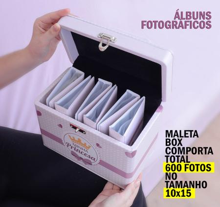 Imagem de Maleta Box 10x15 600 fotos 6 Álbuns Fotográficos MINHA PRINCESA Coroa Rosa Menina Bebê