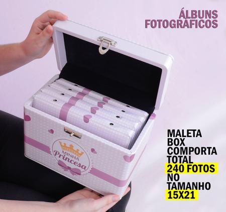 Imagem de Maleta Box MINHA PRINCESA com 4 álbuns fotográficos 240 fotos 15x21 Rosa Coroa bebê infantil