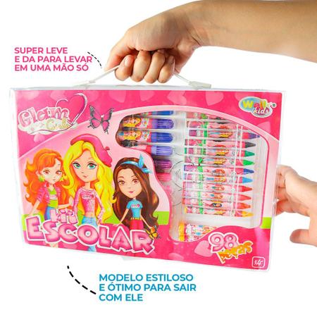 Imagem de Maleta estojo  kit Escolar com 98 Peças canetinha lapis Glam Girls