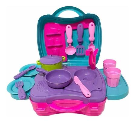 Imagem de Maleta Infantil Menina Kit Com Panelinhas Fogão Pia 12 Acessórios