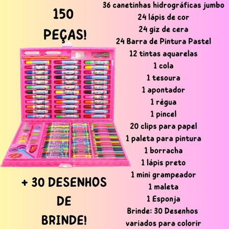 Imagem de Maleta Pintura Infantil 150 Peças 30 Desenhos Estojo Escolar Completo Presente Criança Menino Menina Grande Canetinhas Giz de Cera Lápis de Cor