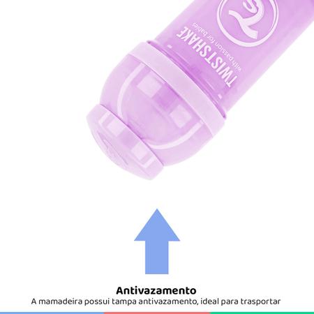 Imagem de Mamadeira Bebê Bico de Silicone +0M Infantil 180ml Antivazamento Com Recipiente Leite em Pó 100ml Mixer Roxo Twistshake