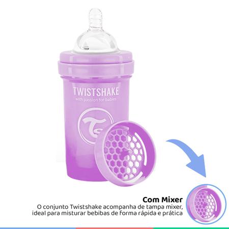 Imagem de Mamadeira Bebê Bico de Silicone +0M Infantil 180ml Antivazamento Com Recipiente Leite em Pó 100ml Mixer Roxo Twistshake