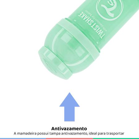 Imagem de Mamadeira Bebê Bico de Silicone +0M Infantil 180ml Antivazamento Com Recipiente Leite em Pó 100ml Mixer Verde Twistshake