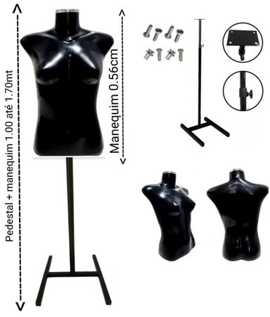 Imagem de Manequim feminino (Busto Slim P.36) preto com tampa de metal + pedestal costureira H na cor preto