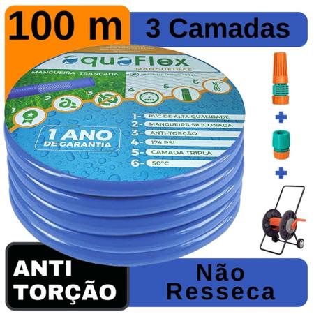 Imagem de Mangueira p/ Quintal AquaFlex Azul 100M + Carrrinho