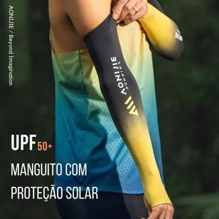 Imagem de Manguito AONIJIE Proteção UV com Buraco do Polegar Maratona Corrida Pesca - Branco c/ Amarelo - E4121