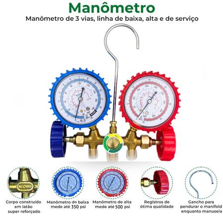 Imagem de Manifold Gás R22 R134 R404 R12 Ar Condicionado E Refrigeração Com Mangueira 90 Cm