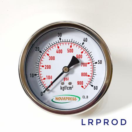 Manômetro horizontal - diam.100mm (4” ) com escala de 0-60 KGF/CM2 x 900 PSI - LRPROD NOVAPRESS Imagem de Manômetro horizontal - diam.100mm (4” ) com escala de 0-60 KGF/CM2 x 900 PSI