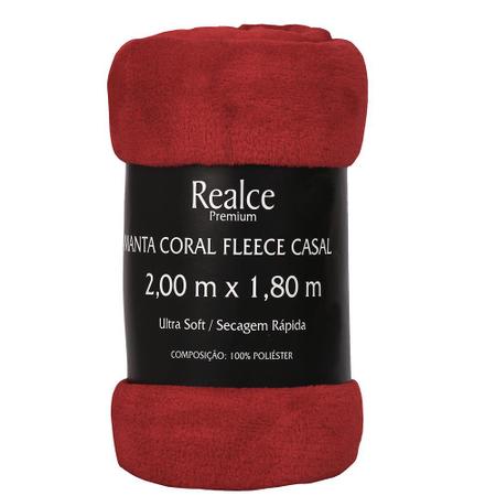 Imagem de Manta Cobertor Coral Fleece Casal Microfibra Lisa Vermelho 180x200cm 170g/m² Realce Premium Sultan