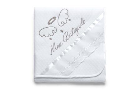 Imagem de Manta cobertor infantil bebê para batizado branca com bordado meu batizadohug