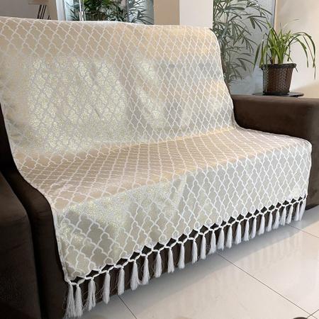 Imagem de Manta Para Sofá em Tecido Jacquard Luxo Geométrico Branco com Dourado 190x140cm