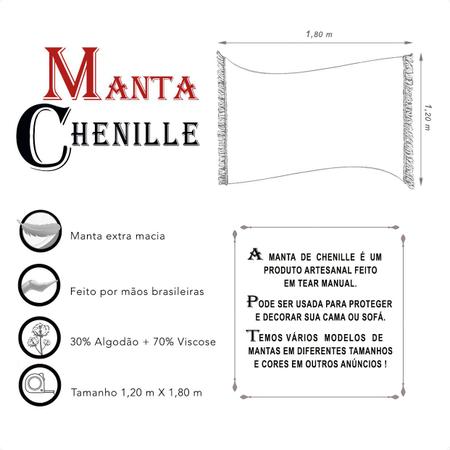 Imagem de Manta Xale de Chenille com Franja 1,20m x  x 1,80m Peseira Decorativa Sofá Lisa Protetora Macia Lar Casa