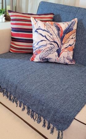 Imagem de Manta Xale para sofá / cama 1,5x2,2m AZUL JEANS tear artesanal decorativa protetora