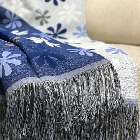 Imagem de Manta Xale Para Sofá Protetora Azul Dupla Face Franja Lisa 1,40m X 1,70m