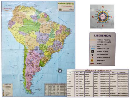Imagem de Mapa da América do Sul Político e Rodoviário Rodovia Principal Rota de Navegação Divisa de País 120x90CM