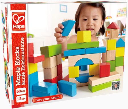 Imagem de Maple Wood Kids Blocos de Construção por Hape  Empilhamento de blocos de madeira conjunto de brinquedos educativos para crianças, 50 peças coloridas em formas e tamanhos variados