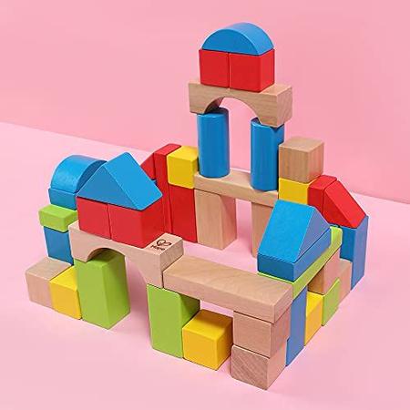 Imagem de Maple Wood Kids Blocos de Construção por Hape  Empilhamento de blocos de madeira conjunto de brinquedos educativos para crianças, 50 peças coloridas em formas e tamanhos variados