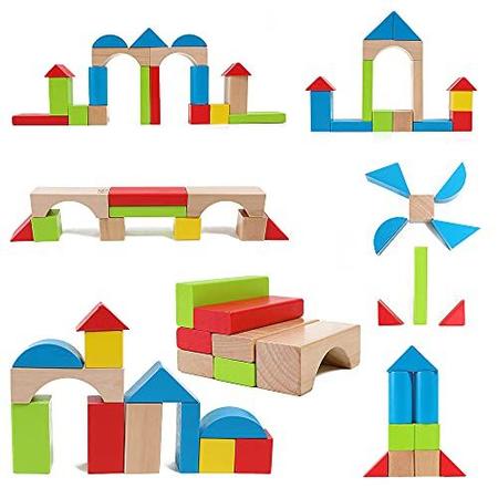 Imagem de Maple Wood Kids Blocos de Construção por Hape  Empilhamento de blocos de madeira conjunto de brinquedos educativos para crianças, 50 peças coloridas em formas e tamanhos variados