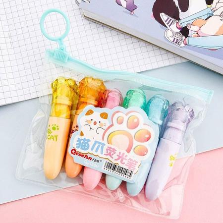 Kit Mini Marca Texto Patinha Gato Sosu 6 Cores Cat Kawaii, Material  Escolar