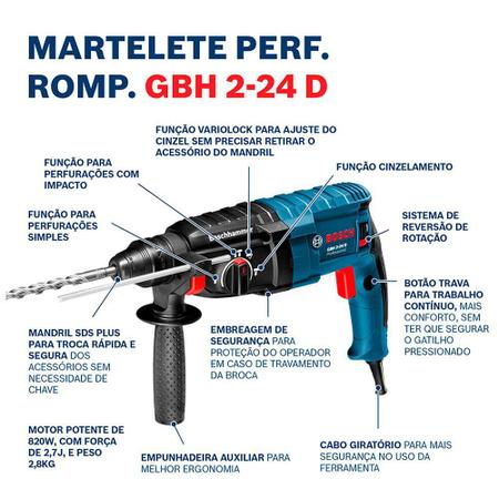 Imagem de Martelete Perfurador Bosch Gbh 2-24d 820w 220v Sds Plus