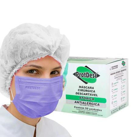 Imagem de Máscara Descartável Tripla Proteção Bacteriana c/ Elástico Lilás 50un Protdesc com Anvisa