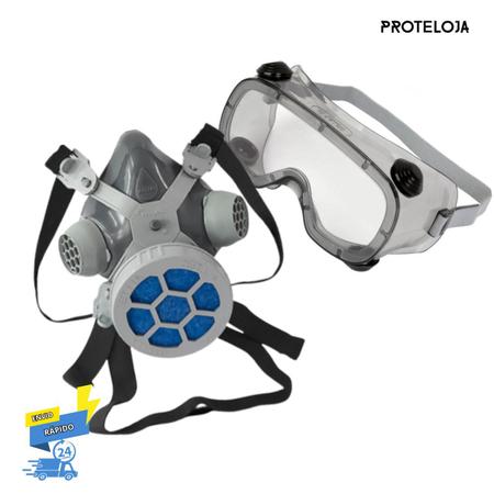 Imagem de Mascara Respirador Pff2 com Filtro Respirador Facial Para Pintura Pó Poeira Com Óculos Ruiz