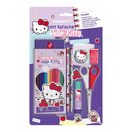 Imagem de Material Escolar Hello Kitty Completo + Estojo + Giz Em Gel + Canetinha com Carimbo - Leo e Leo