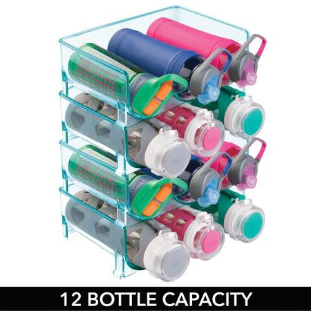 Imagem de mDesign Plástico Autônomo Empilhado 3 Rack de Armazenamento de Garrafas - Prateleira organizadora de água, vinho e bebidas para bancada de cozinha, armário, despensa, geladeira, freezer - 4 pacote - tonalidade azul