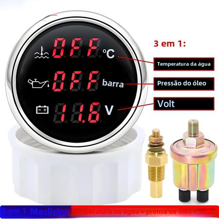 Imagem de Medidor Digital 3 Em 1 De 52 Mm Com Alarme, Temperatura Da Água, Voltímetro De Pressão De Óleo 0-120