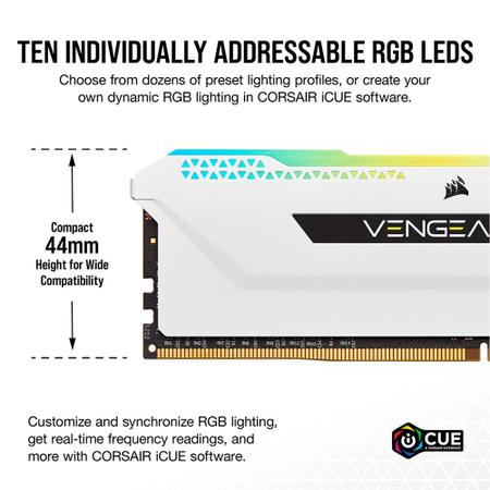 Imagem de Memória Corsair Vengeance RGB PRO SL, 32GB (2x16GB), 3200MHz, DDR4, CL16, Branco - CMH32GX4M2E3200C16W