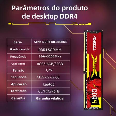 Imagem de Memória RAM DDR4 PUSKILL Killblade - 8GB, 16GB ou 32GB - 3200MHz/2666MHz