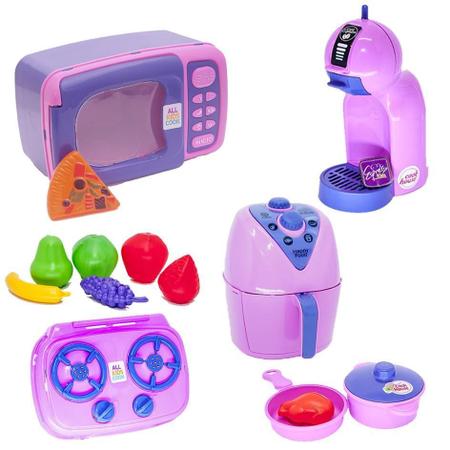 Imagem de Menina Cozinha Infantil Eletro Panela Microondas Rosa 15Pç