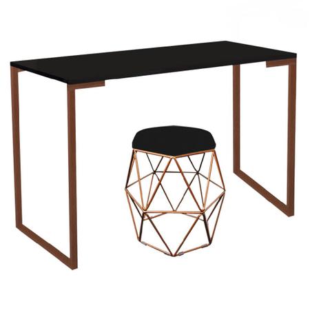 Imagem de Mesa Aparador Stan Industrial Buffet Balcão com Puff Luna Suede Preto Bronze Tampo Preto - Ahz Móveis