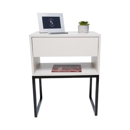 Imagem de Mesa Cabeceira Estilo Industrial 40cm Off White Gaveta Superior Eco Pés Ferro Preto Lateral Cama