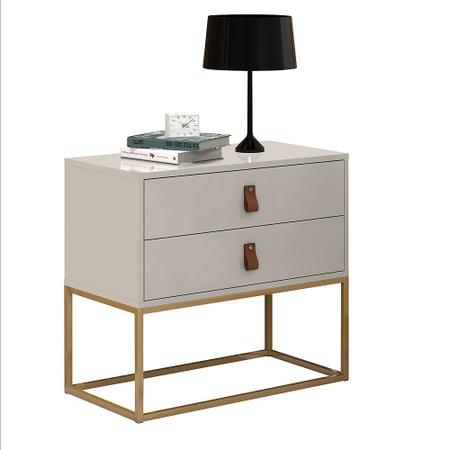 Mesa De Cabeceira 2 Gavetas Unic 60 C/puxador Em Couro Base De Ferro  Dourado Off White