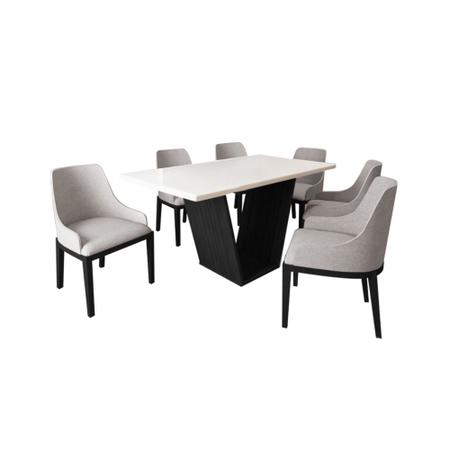 Imagem de Mesa de Jantar 1,6m Safira Off White com 6 Cadeiras Elisa Linho Bege Madeira Maciça Preto