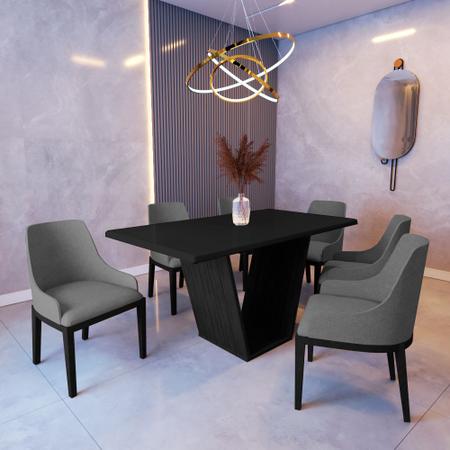 Imagem de Mesa de Jantar 1,6m Safira Preto com 6 Cadeiras Elisa Linho Cinza Madeira Maciça Preto