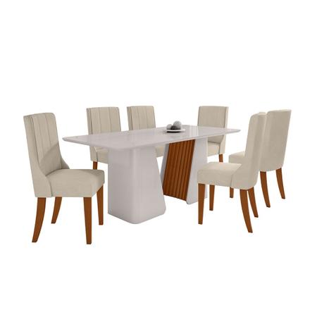 Imagem de Mesa de Jantar 6 Lugares Luxor Celina com Vidro Off White/Frassino/Off White/Veludo Naturale Creme - Móveis Lopas