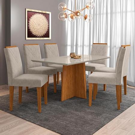 Conjunto de Jantar Amélia C/ Mesa de Jantar 160cm x 90cm C/ Tampo em Laca e  Vidro Off White / Castanho + 6 Cadeiras C/ Encosto Linho Cinza / Castanho -  attraktiva